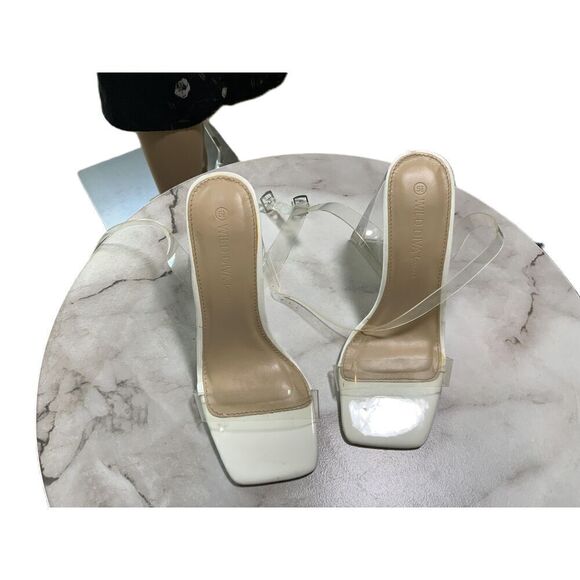 Wild Diva White Clear Strap Square Toe Block Heel Mule Shoes Size 7 4 Inch Heel - Picture 2 of 9